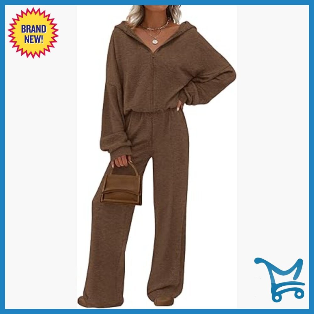 Large Zip Hoodie Wide Leg Sweatpants Set Lightweight Polyester Blend